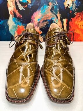 No.65 Michele Loisi Genuine Alligator Derby Dress Shoes in Olive Green